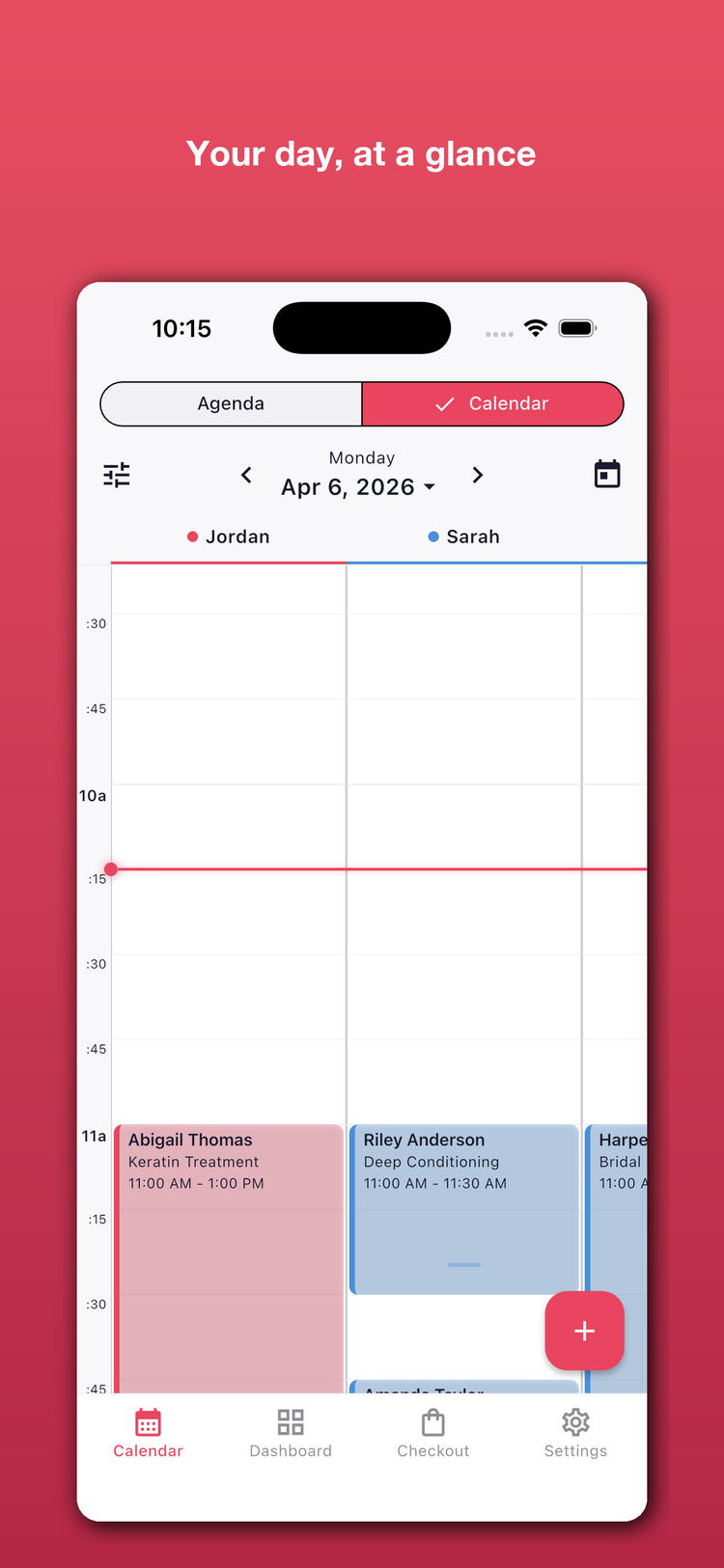 SalonSync calendar view showing multi-stylist scheduling with appointments