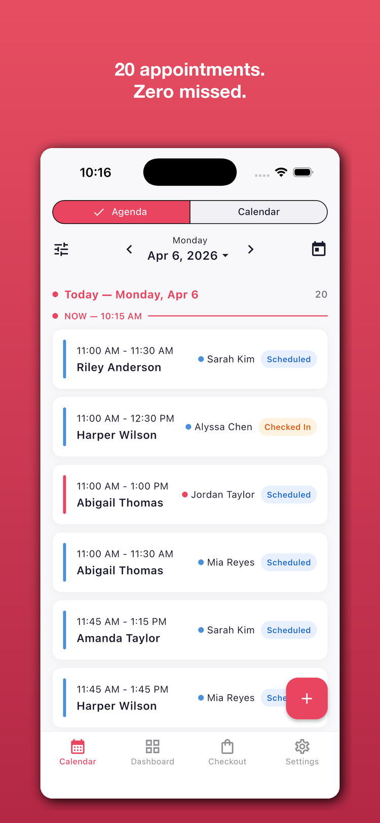 SalonSync agenda view showing appointments and client details