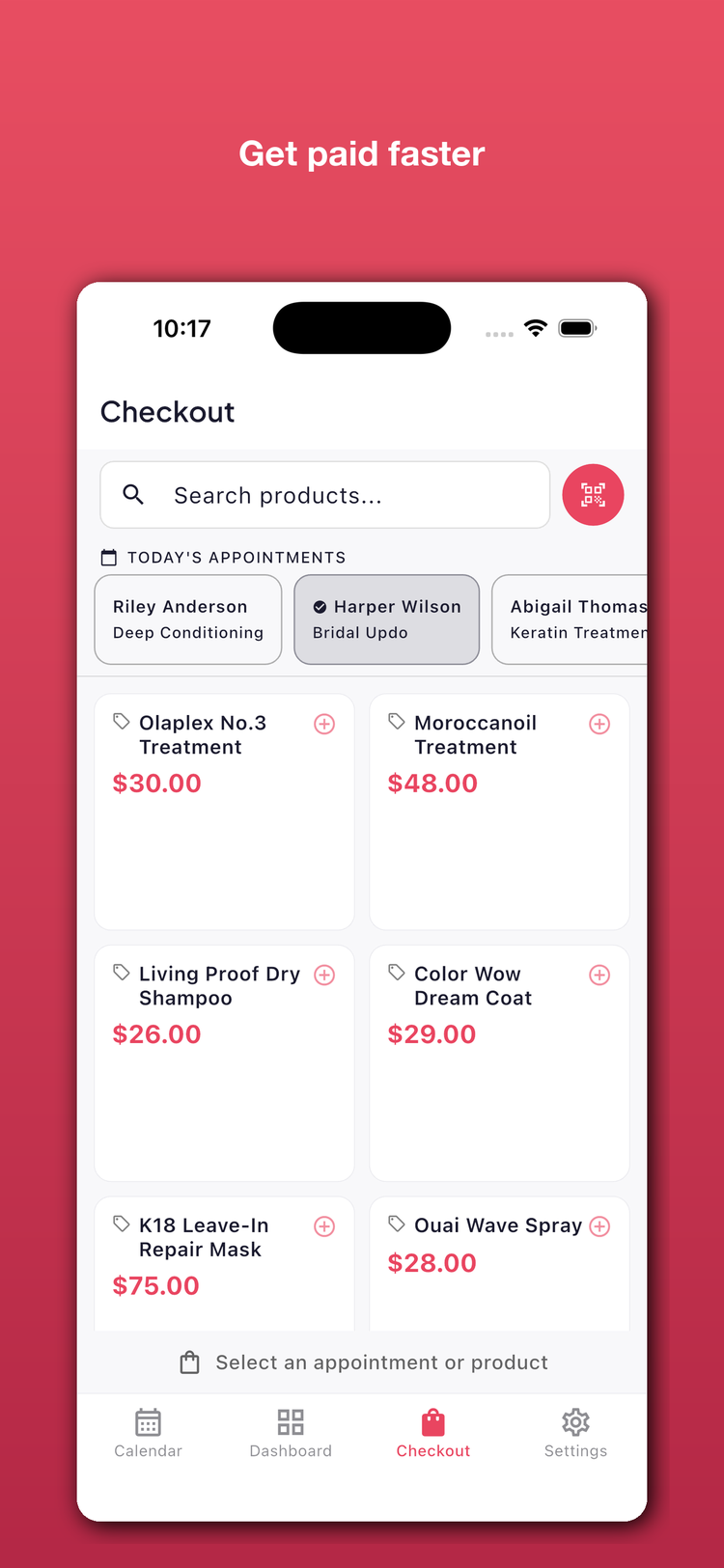 SalonSync checkout screen with products and pricing